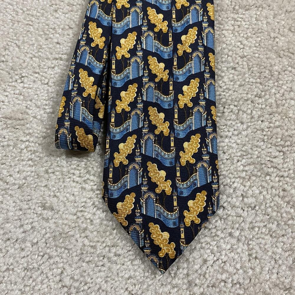 Christian Tyler Silk Tie Mens Blue Geometric Cityscape Jacquard Necktie London